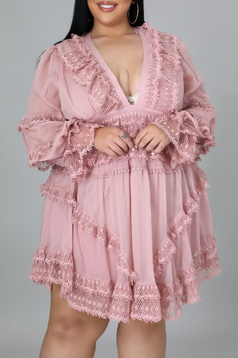 Plus Size Dress Pink Lace  Midi Dress