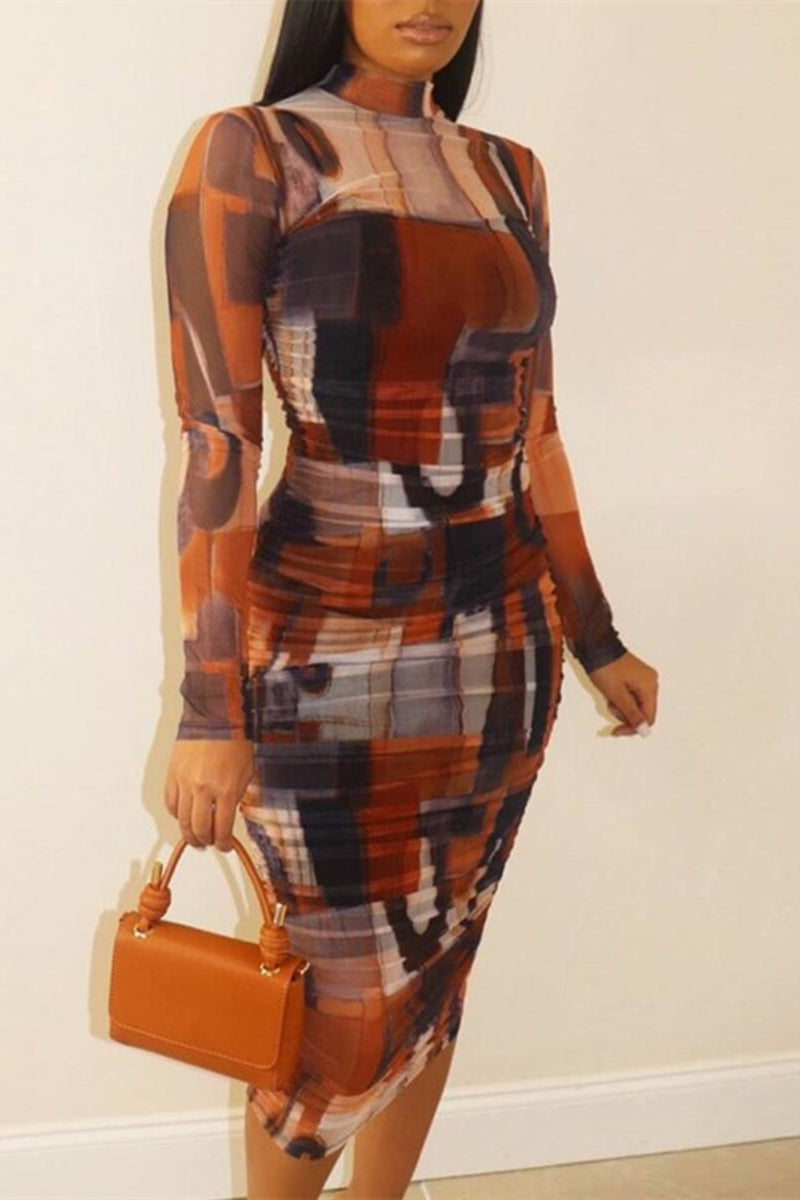 Plus Size Long-sleeved Personality Printing Midi Dress - Fashionaviv