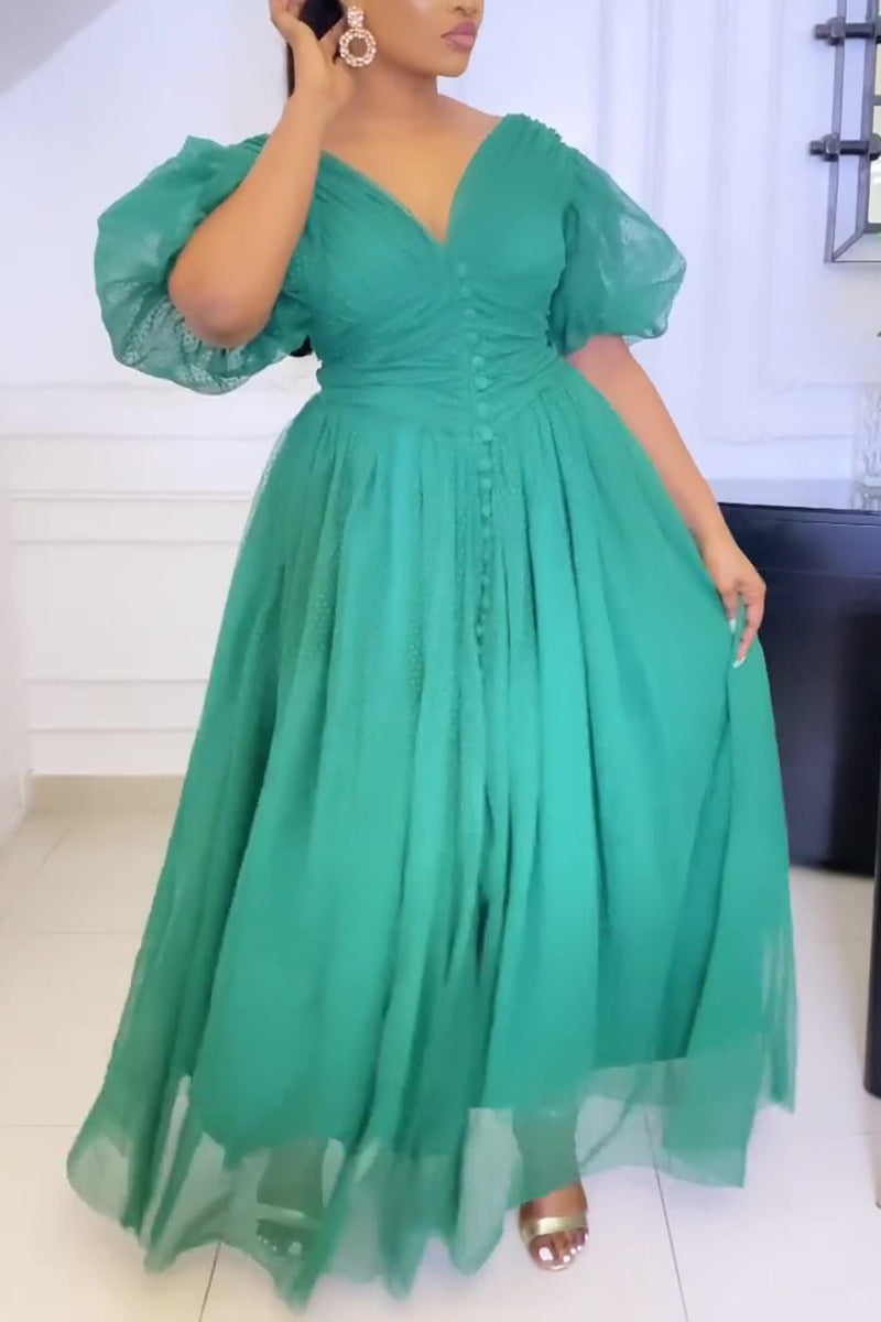 Plus Size Elegant Lace Sheer Polka Dot A-line Puff Sleeve Retro Maxi Dress