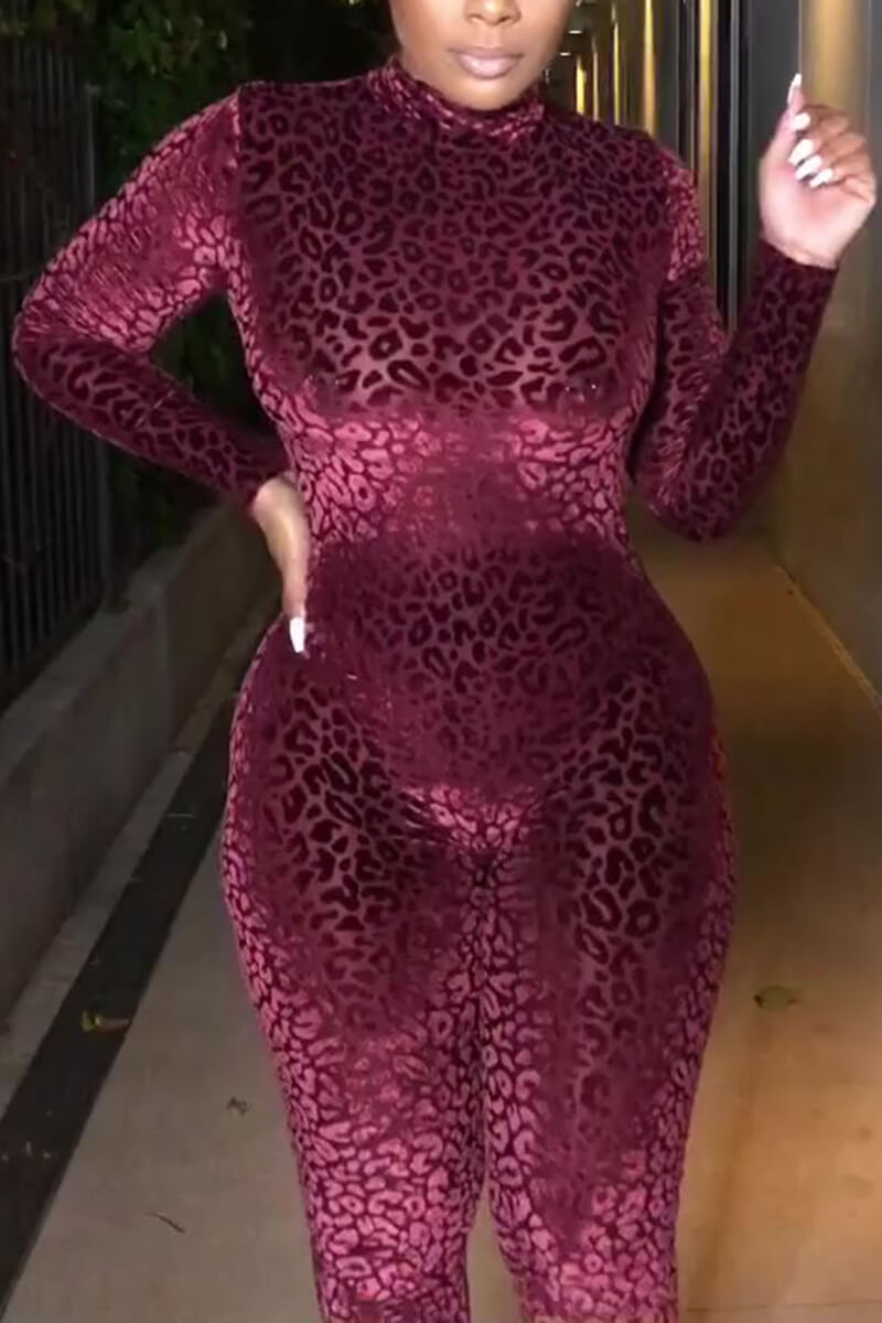 Plus Size Sexy See-through Leopard Long Sleeves High Collar Bodycon Jumpsuit