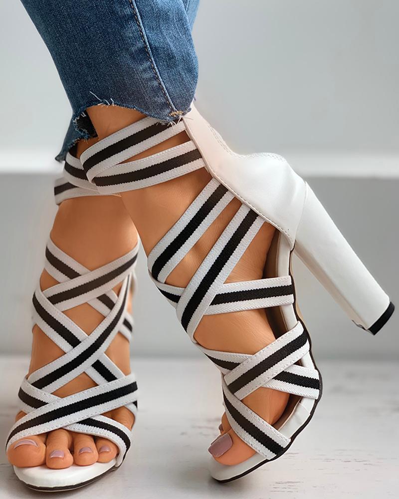 Colorblock Bandage Peep Toe Chunky Heels