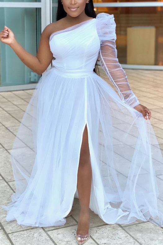 Plus Size Single Sleeve Elegant Wedding Guests Bridesmaid Tulle Maxi Dress