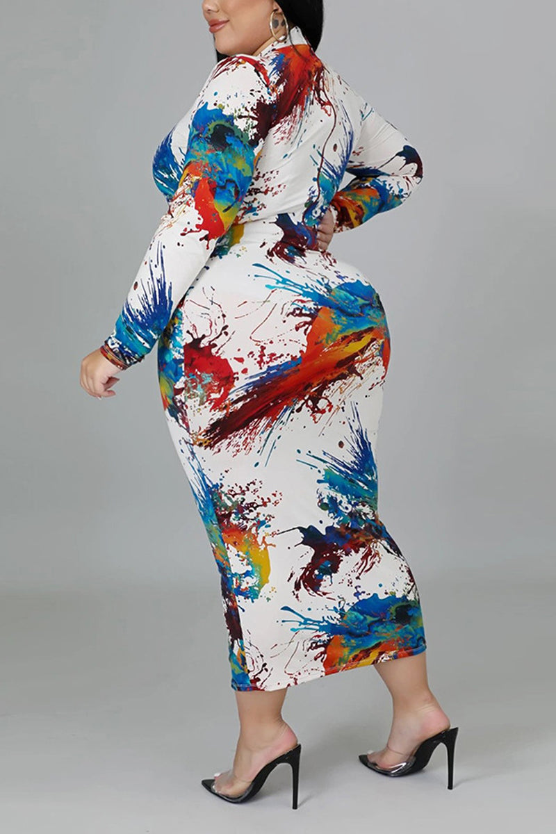 Plus Size All Over Print O Neck Long Sleeve Bodycon Midi Dress(Without Belt)