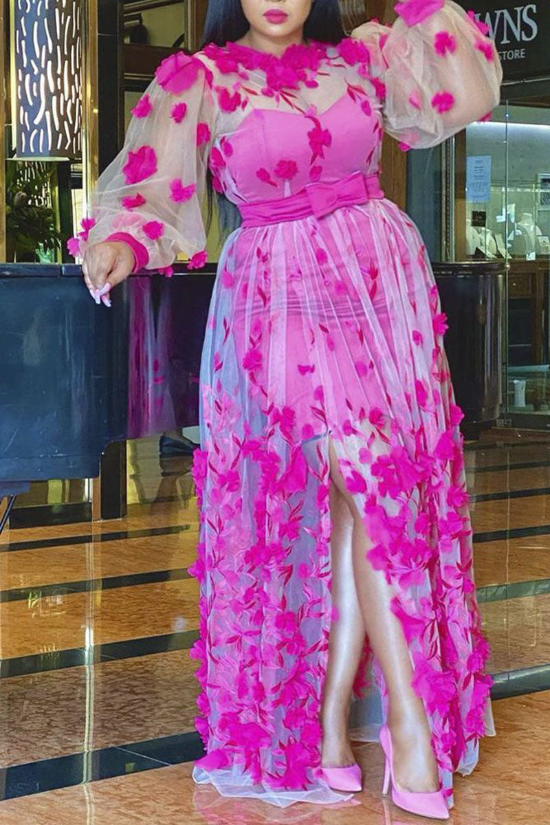 Plus Size Elegant Sheer Floral Print See-through Split Maxi Dress - Fashionaviv-Maxi Dresses-[product_label]