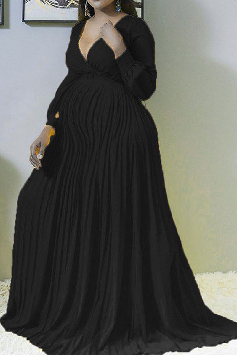 [Pre-Sale] Plus Size Casual Solid Pleated Long Sleeve Maternity Maxi Dress - Fashionaviv-Maxi Dresses-[product_label]
