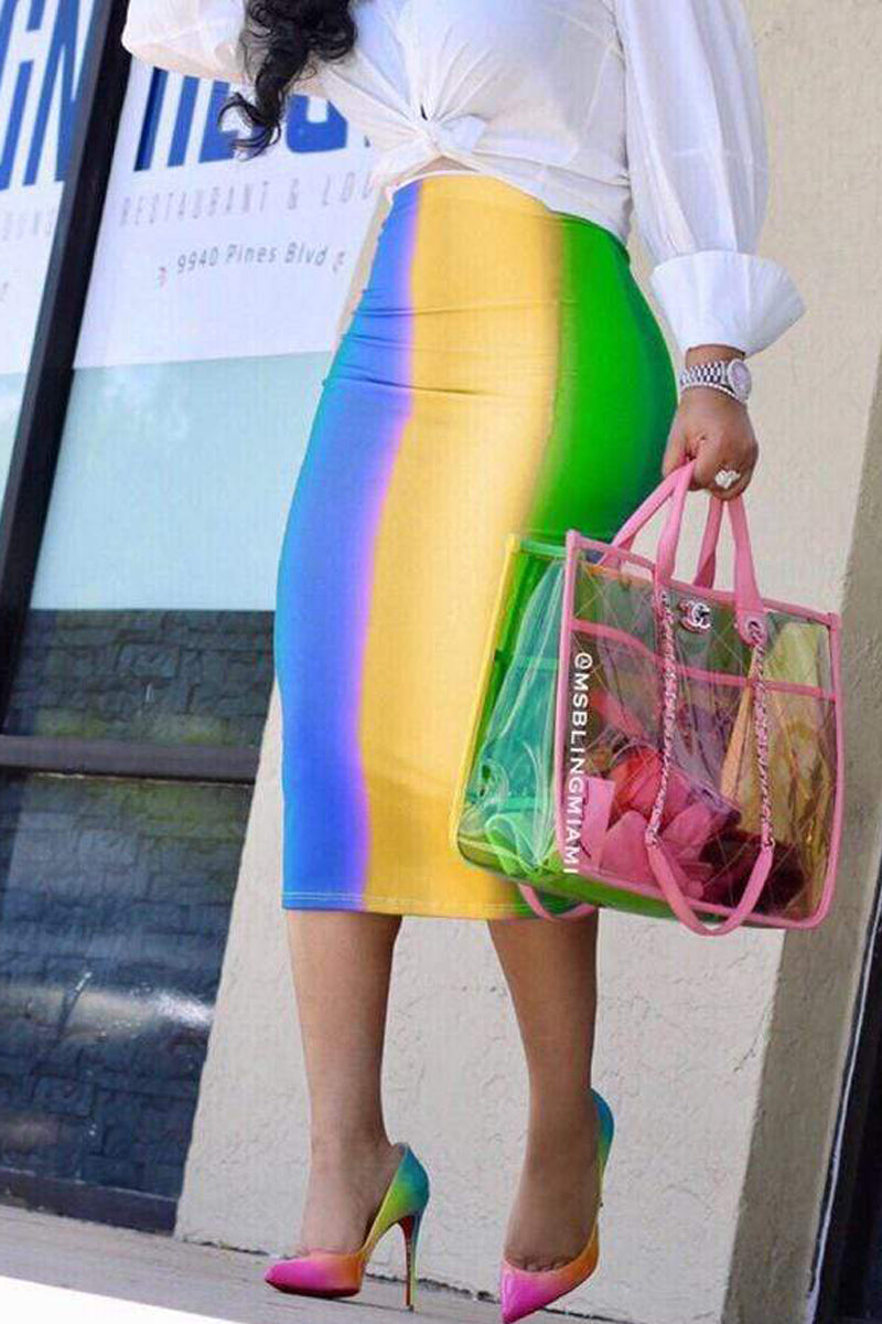 [Pre-Sale] Plus Size Rainbow Printed Mid Calf Skirts