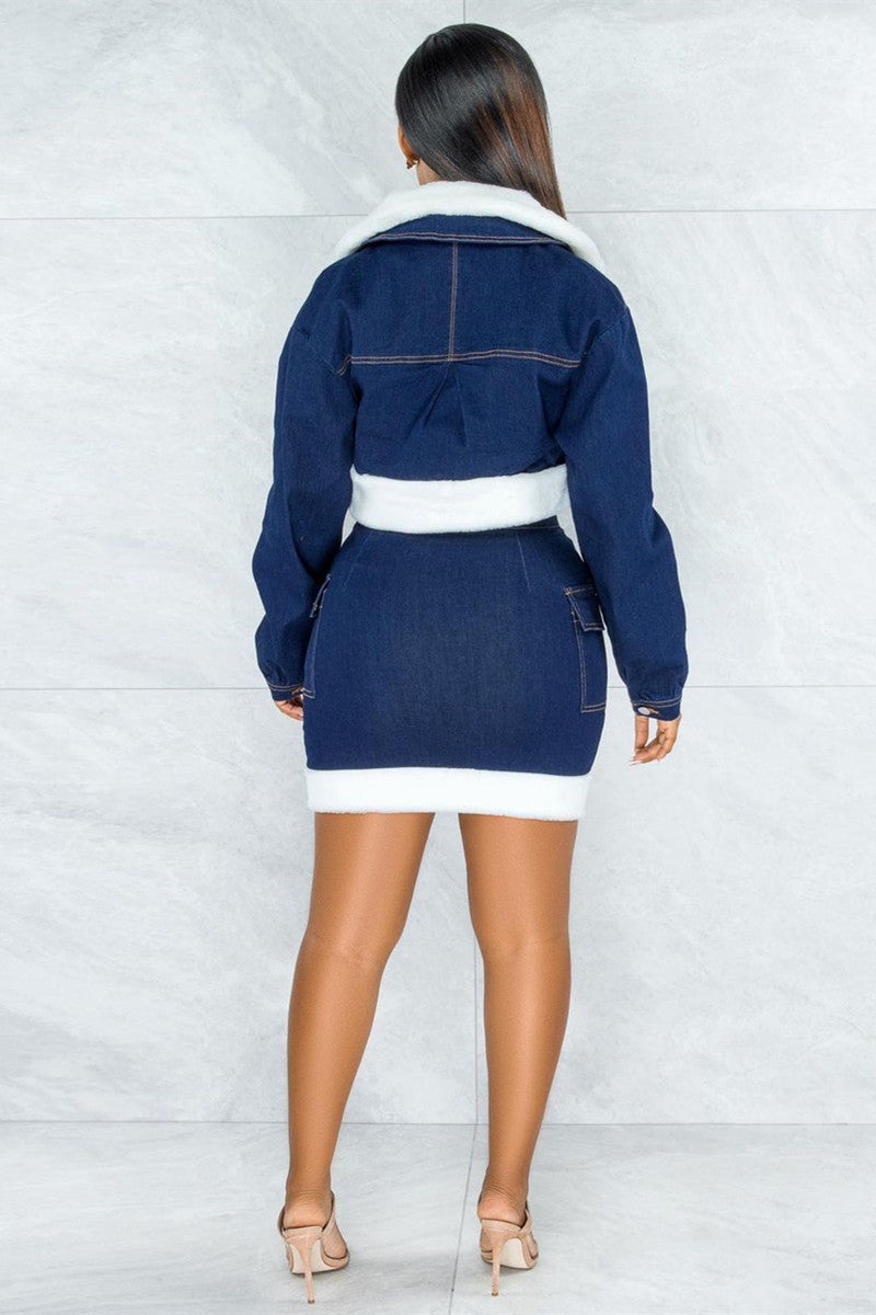 Plus Size Long Sleeve Teddy Denim Jacket Mini Dress Two Pieces Set