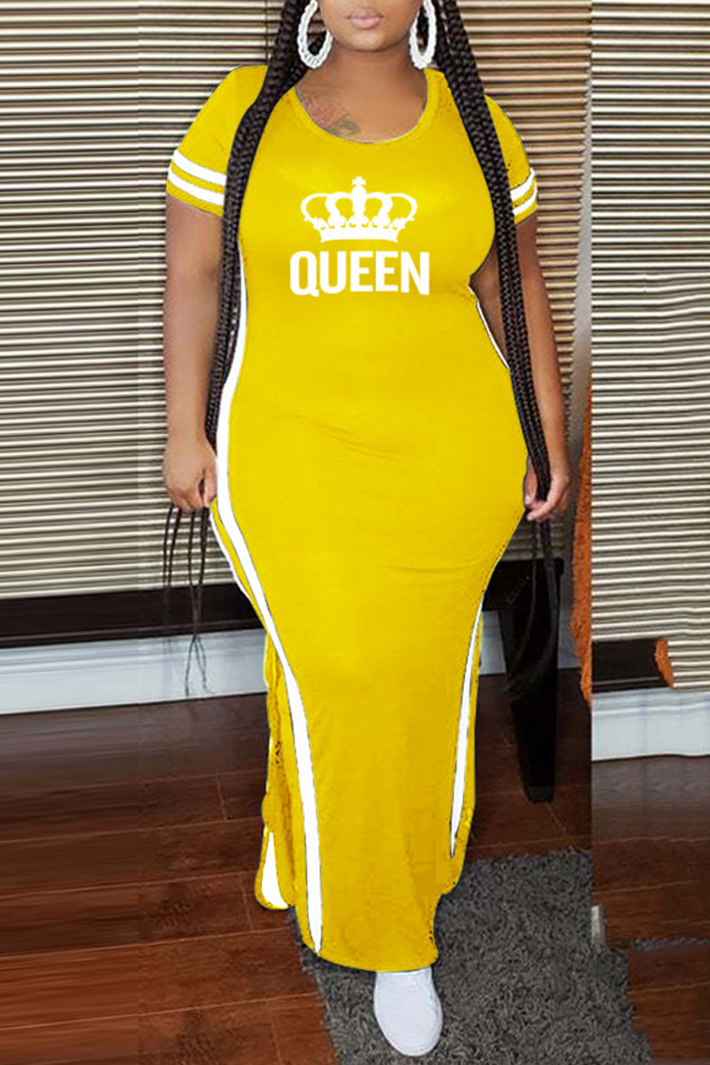Plus Size Casual Queen Print Split Round Neck Short Sleeve Maxi Dresses - Fashionaviv-Maxi Dresses-[product_label]