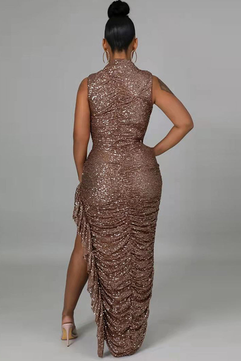 Plus Size Sequin Slit Asymmetrical Sleeveless Maxi Dress