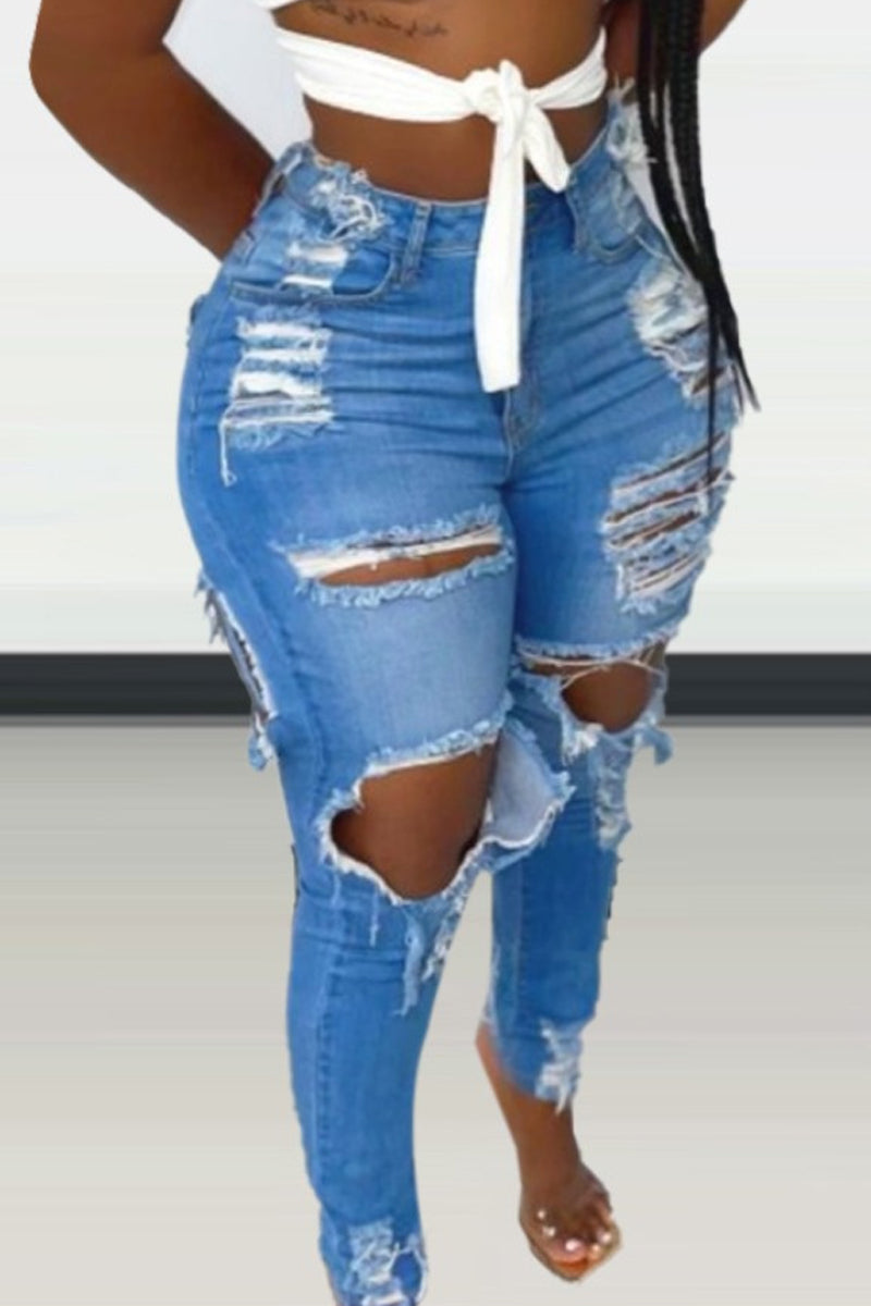 Plus Size Hollowed Out High Waist Ripped Jeans