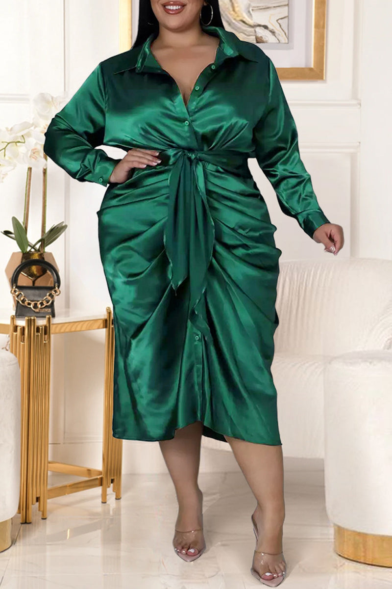 Plus Size Solid Casual Pleated Tie Shirt Midi Dress