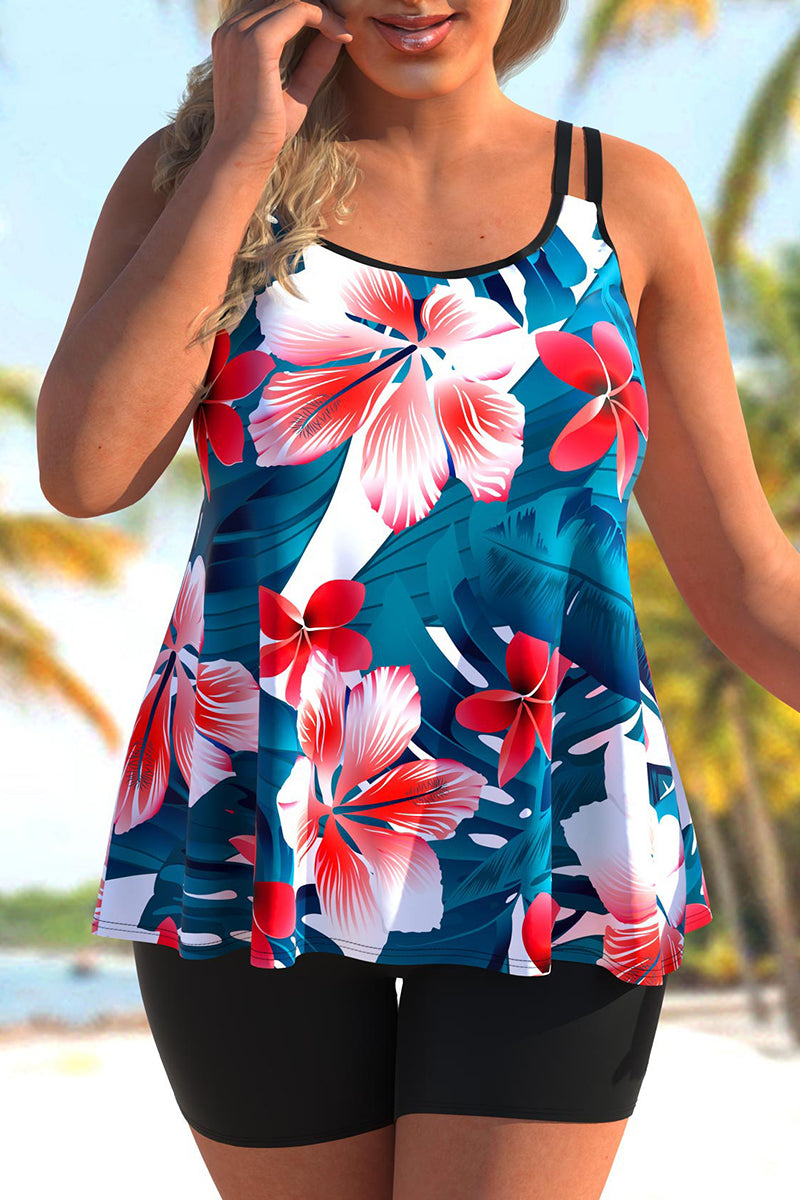 [Pre-Sale] Plus Size Floral Print Wide Strap Tankini Set - Fashionaviv-Swimwear-[product_label]