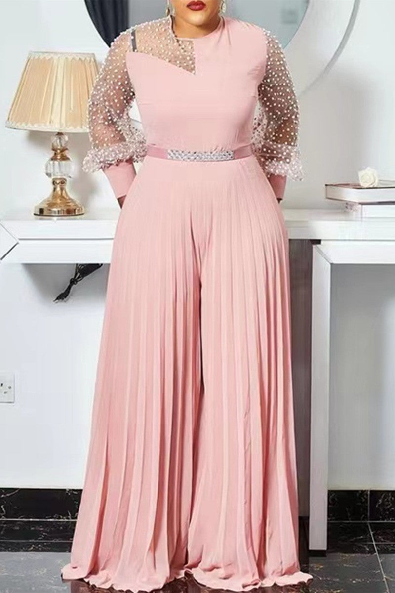 Pink Sexy Patchwork See-through Sheer Without Belt O Neck Long Sleeve Regular Plus Size Jumpsuits - Fashionaviv