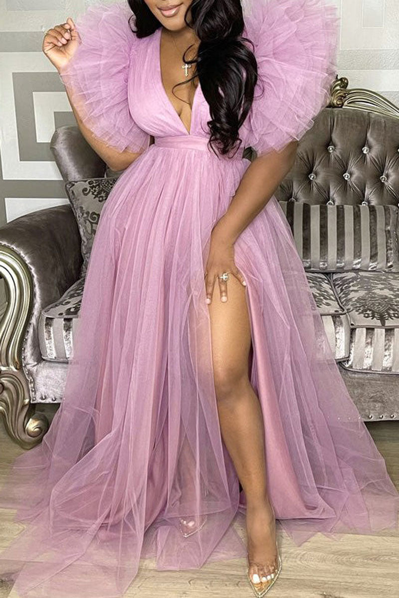 [Pre-Sale] Plus Size Sheer Tulle See-through Puff Sleeve Maternity Maxi Dress