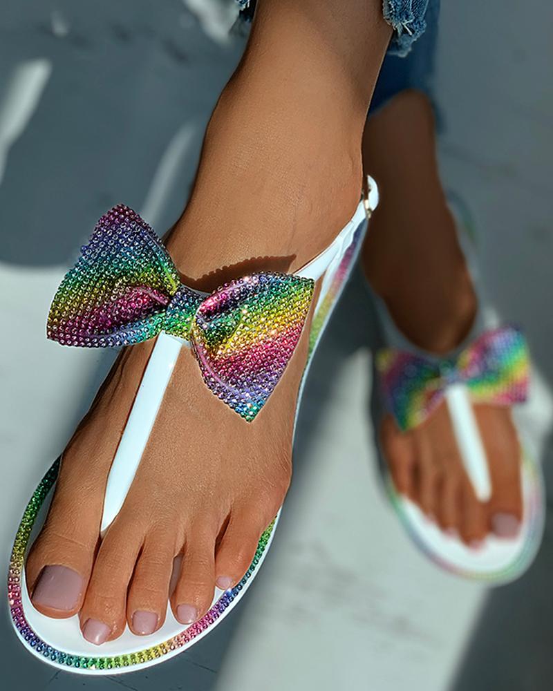 Bowknot Colorblock Studded Flat Sandals