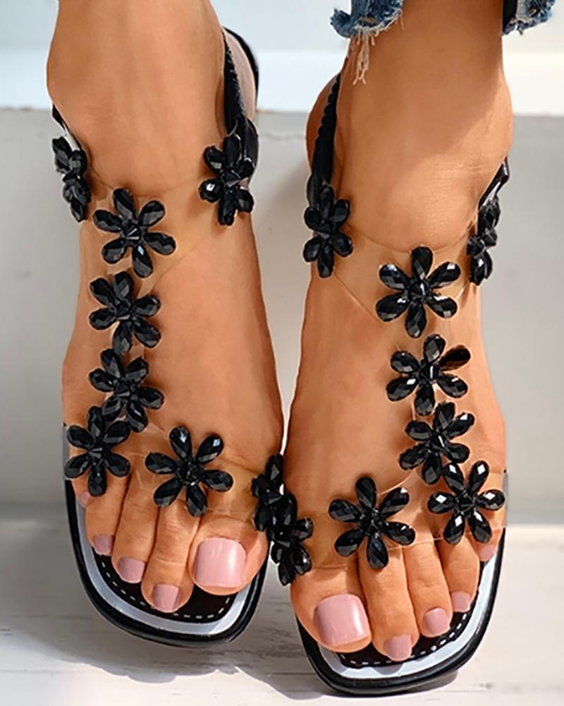 Floral Pattern Open Toe Chunky Sandals