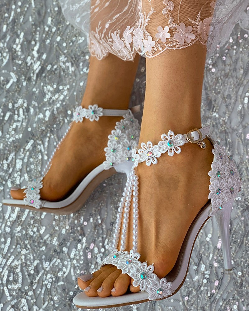 Lace Floral Studded Beaded Thin Heels