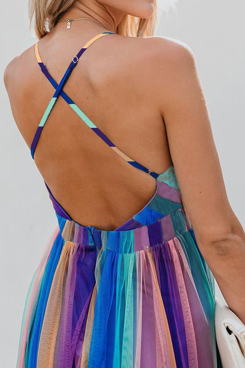 [Pre-Sale] Plus Size Casual Rainbow Sheer Sleeveless Maternity Maxi Dress