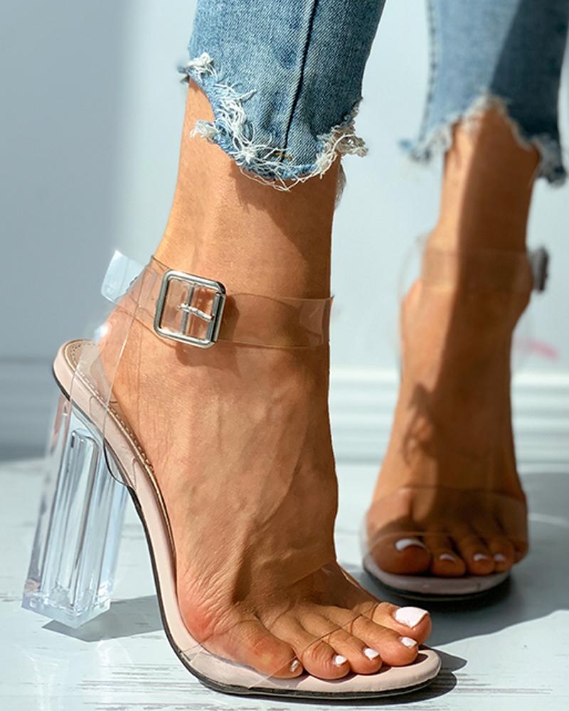 Clear Perspex Open Toe Buckled Chunky Heels