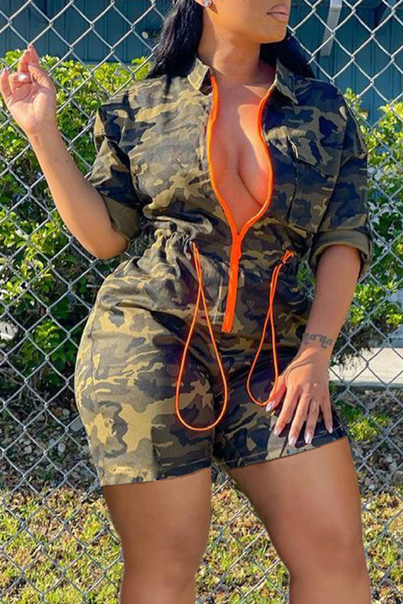 Plus Size Casual Camouflage Drawstring Short Sleeve Rompers - Fashionaviv-Jumpsuits + Rompers-[product_label]