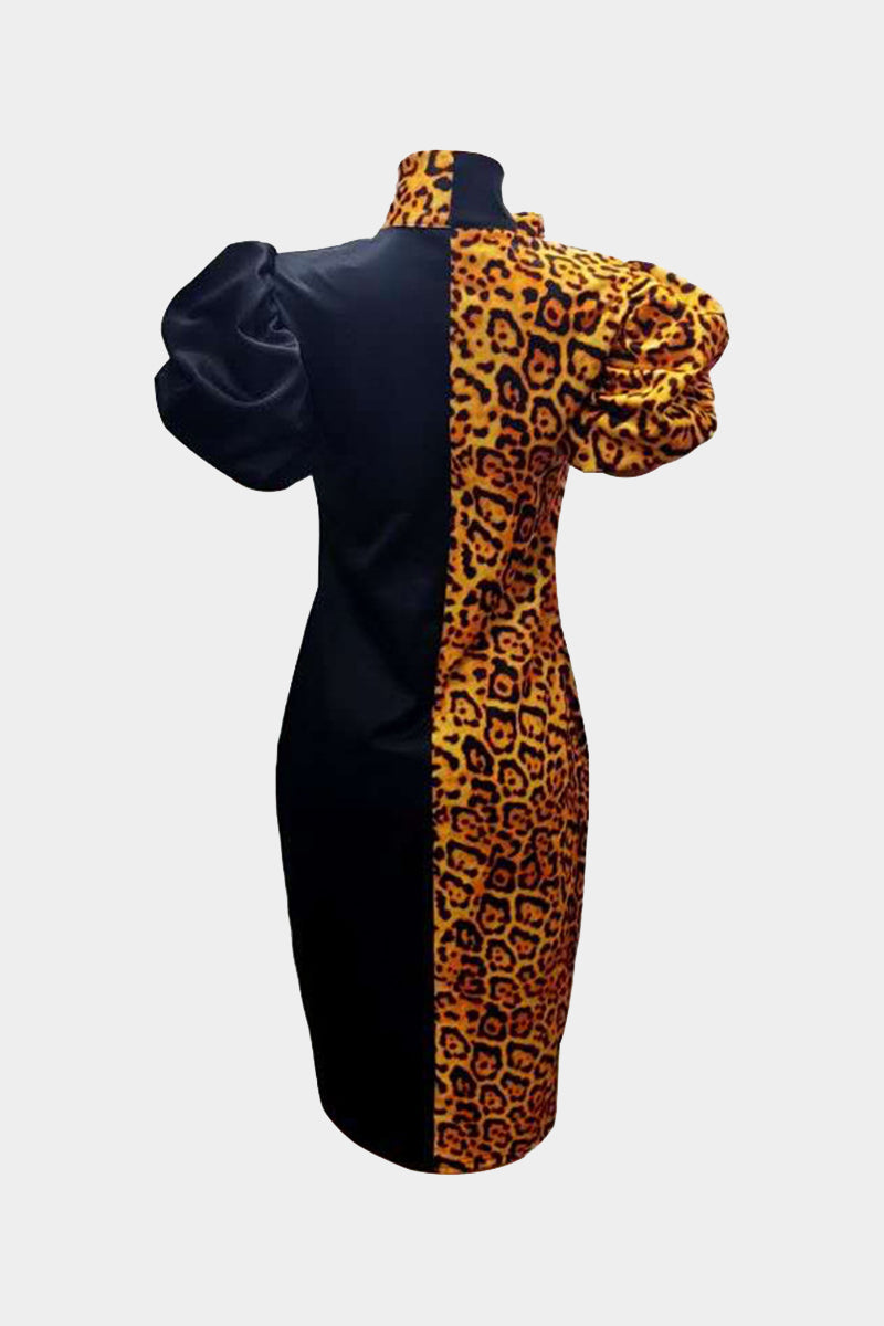 Plus Size Color Block Leopard Print Puff Sleeve Dress