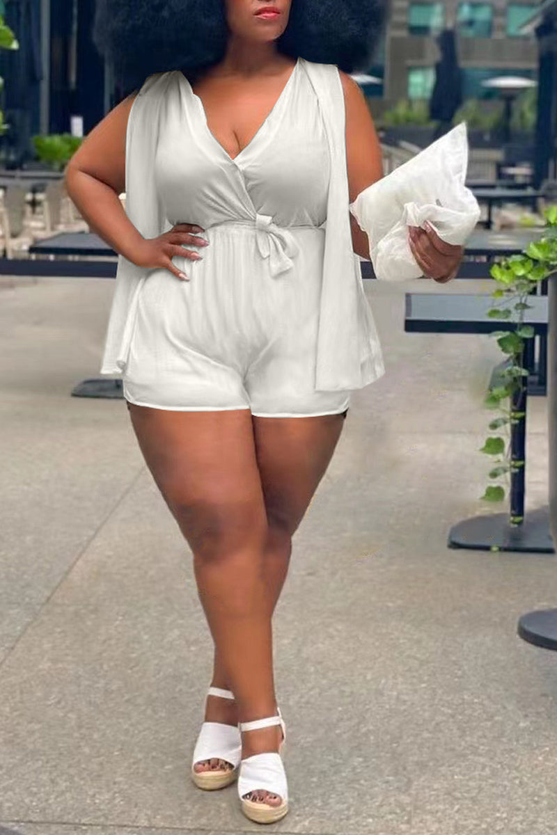 Plus Size Casual Solid V Neck Loose Rompers - Fashionaviv-Jumpsuits + Rompers-[product_label]