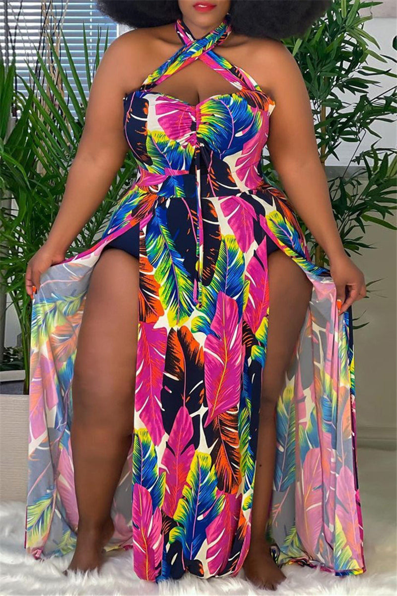 Plus Size Tropical Print Backless Slit Halter Sleeveless Dress