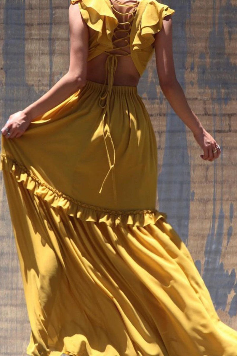 [Pre-Sale] Plus Size Yellow Ruffle Backless Lace Up Maxi Dress