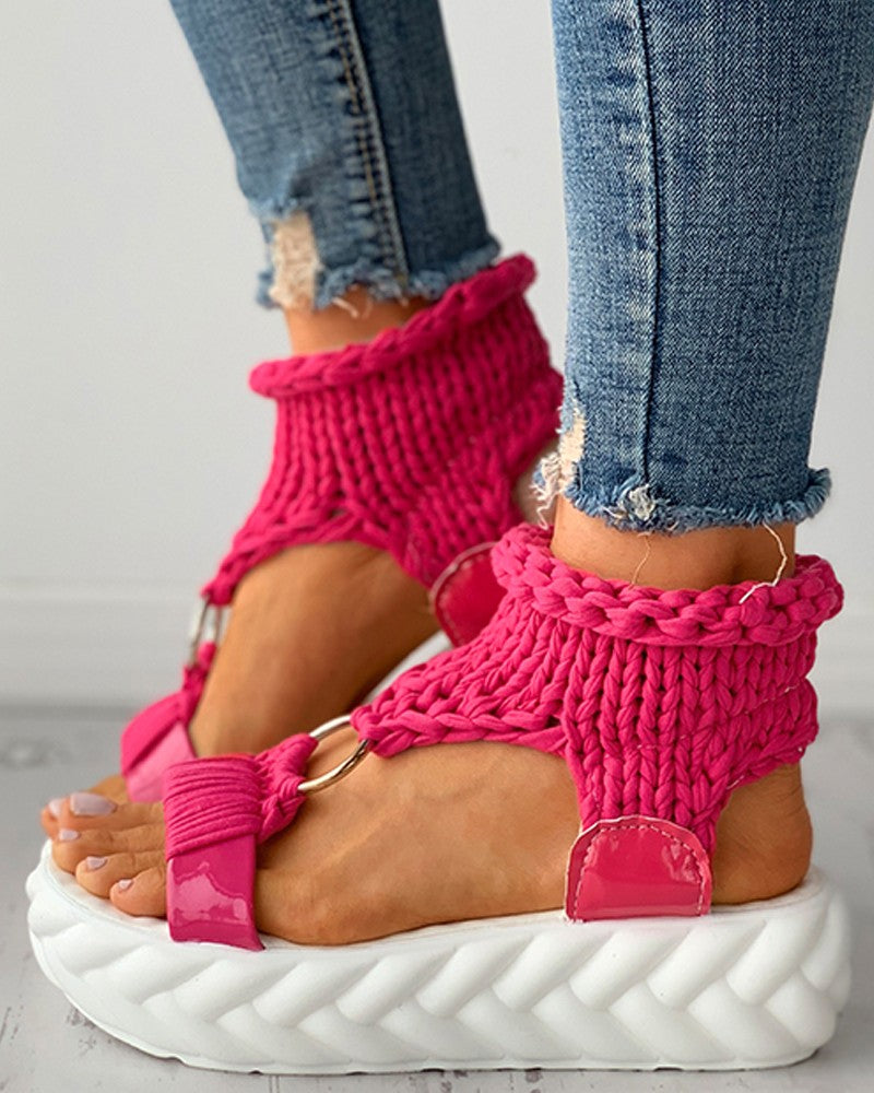 Braided Knit O-Ring Cutout Platform Sandals