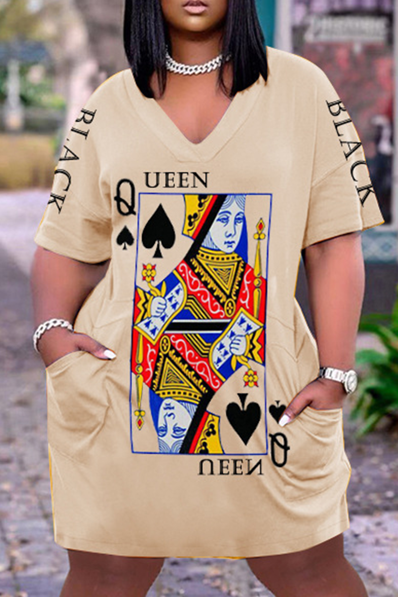 Plus Size Casual Poker Queen Print V Neck Short Sleeve Midi Dress - Fashionaviv-Midi Dresses-[product_label]