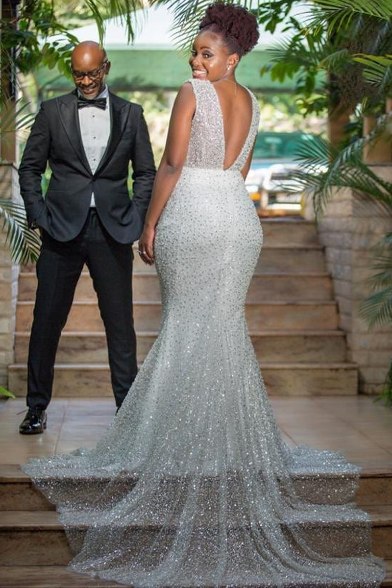 [Pre-Sale] Plus Size Wedding V Neck Sequin Trailing Maxi Dress