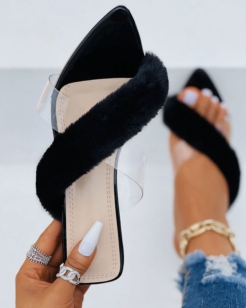Fluffy Clear Strap Pointed Toe Pyramid Heels