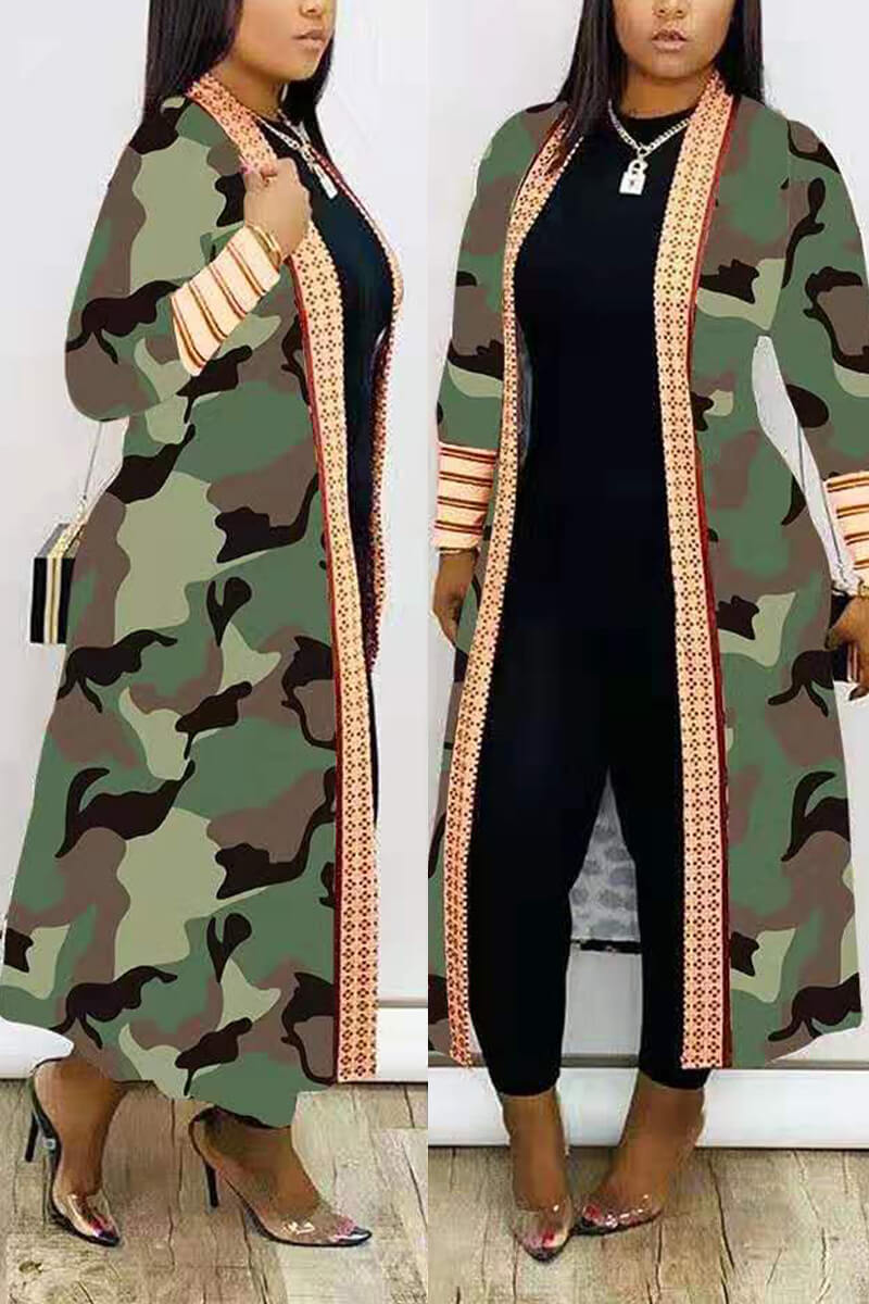Plus Size Cardigan Leopard Print Camouflage Lips Print Polyester Print Long Sleeve Outerwear