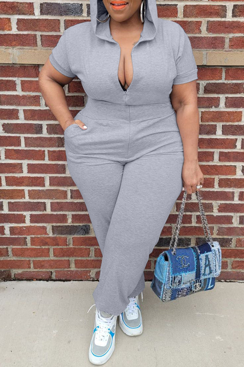 Plus Size Casual Solid Basic Zipper Collar Jumpsuits