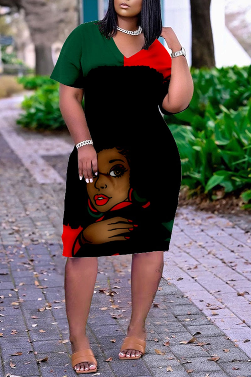 Plus Size V Neck Short Sleeve Cute Black Girl Print Midi Dress-Red