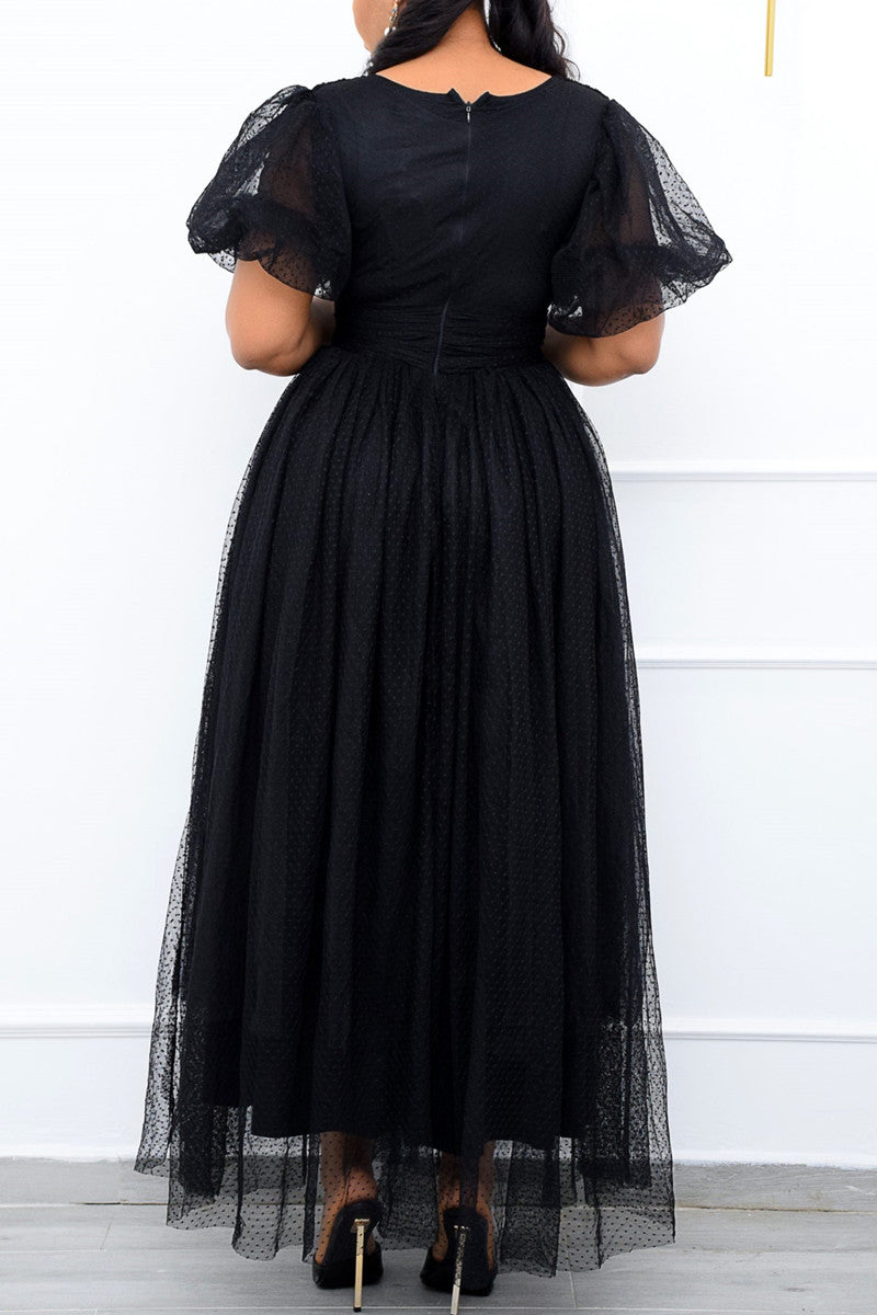 Plus Size Elegant Lace Sheer Polka Dot A-line Puff Sleeve Retro Maxi Dress