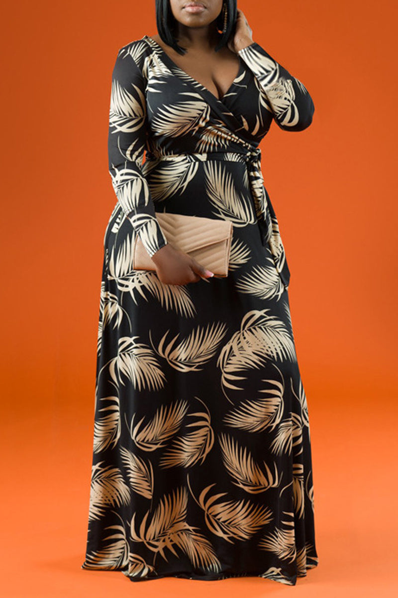 Plus Size Casual All Over Print Sash Belt Long Sleeves Maxi Dress - Fashionaviv-Maxi Dresses-[product_label]