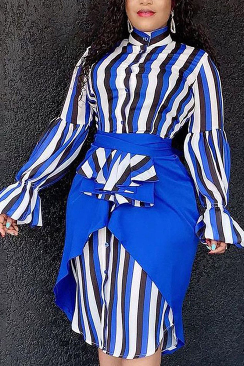 Plus Size Elegant Blue Stripe Patchwork Flare Sleeve Midi Dress - Fashionaviv-Midi Dresses-[product_label]