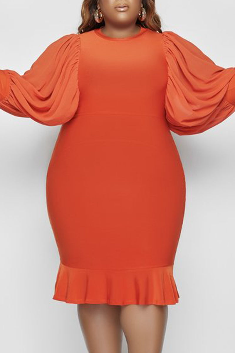 [Pre-Sale] Plus Size Ruffle Puff Sleeve Bodycon Midi Dress - Fashionaviv