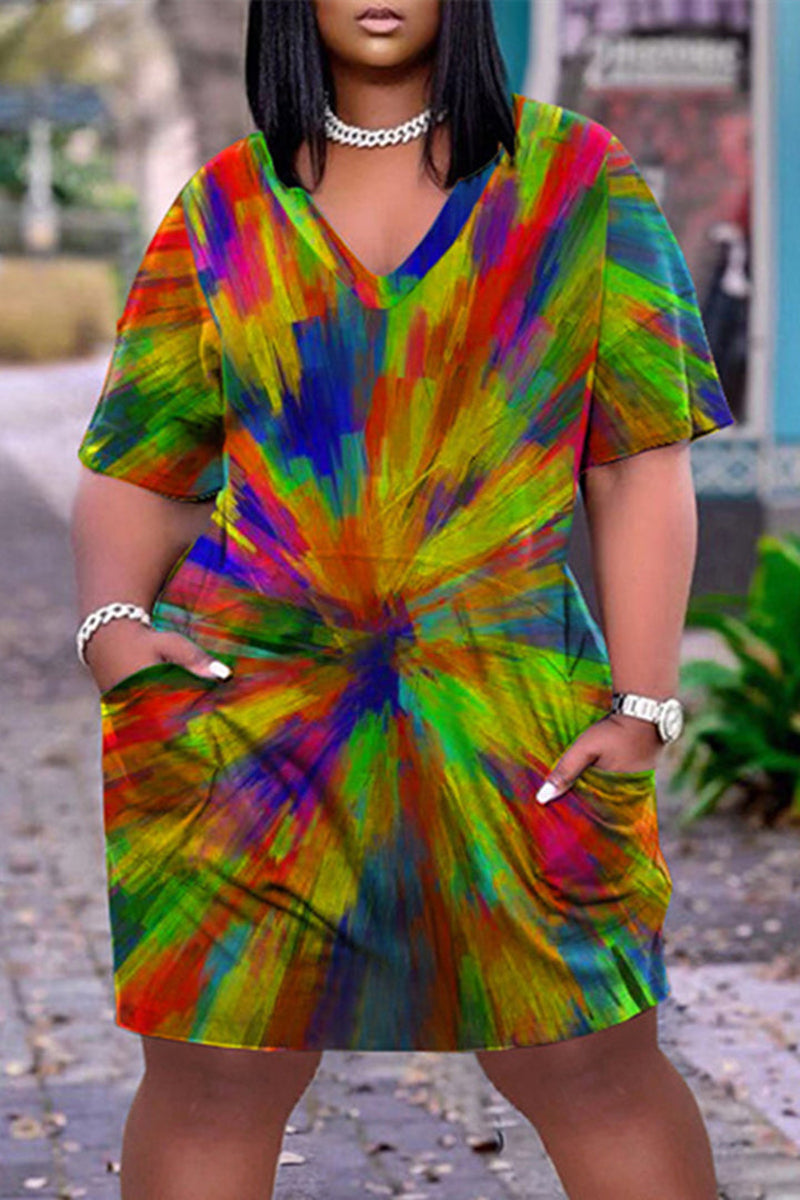 Plus Size Casual Rainbow Tie Dye Print V Neck Short Sleeve Midi Dress - Fashionaviv-Midi Dresses-[product_label]