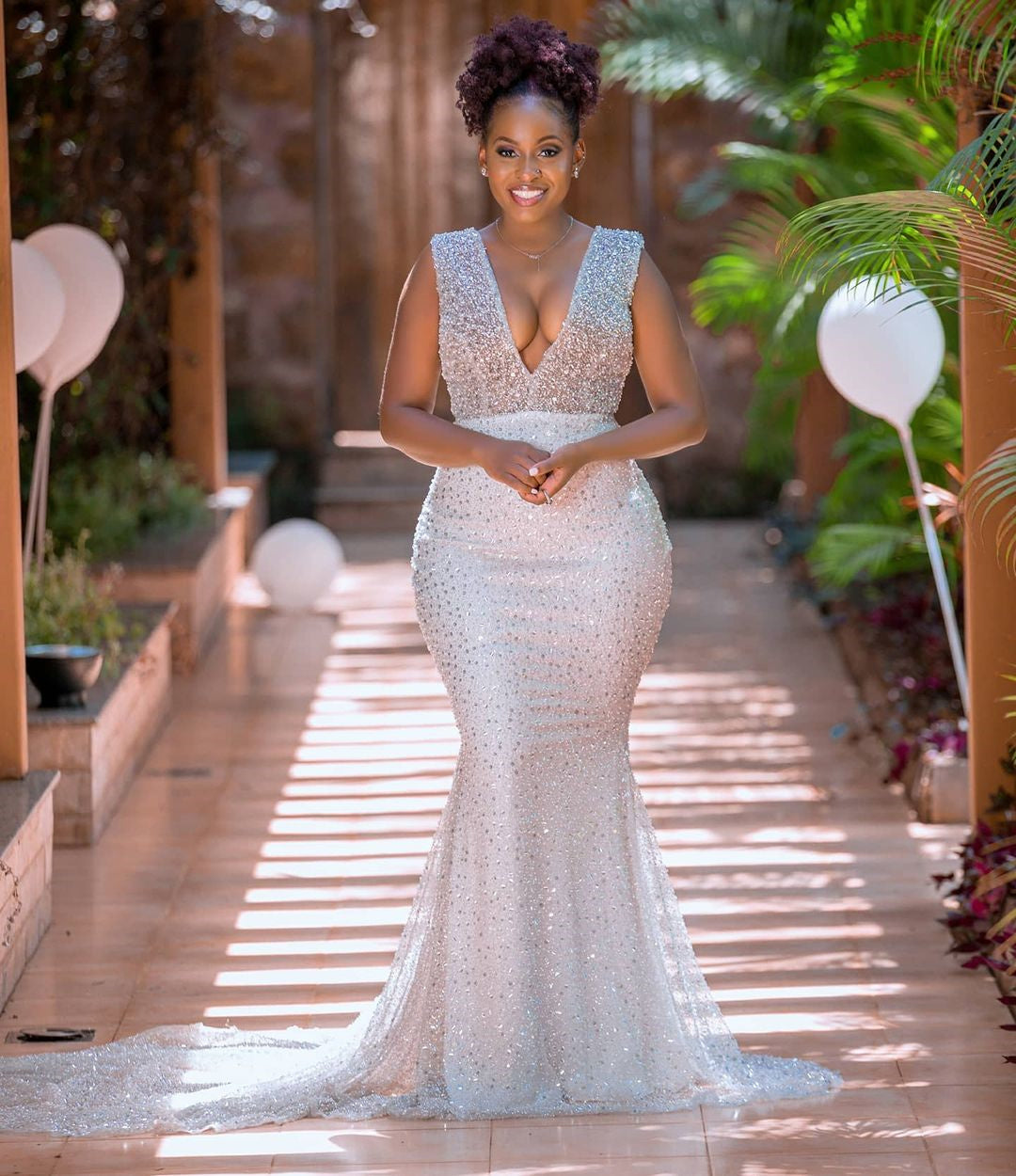 [Pre-Sale] Plus Size Wedding V Neck Sequin Trailing Maxi Dress