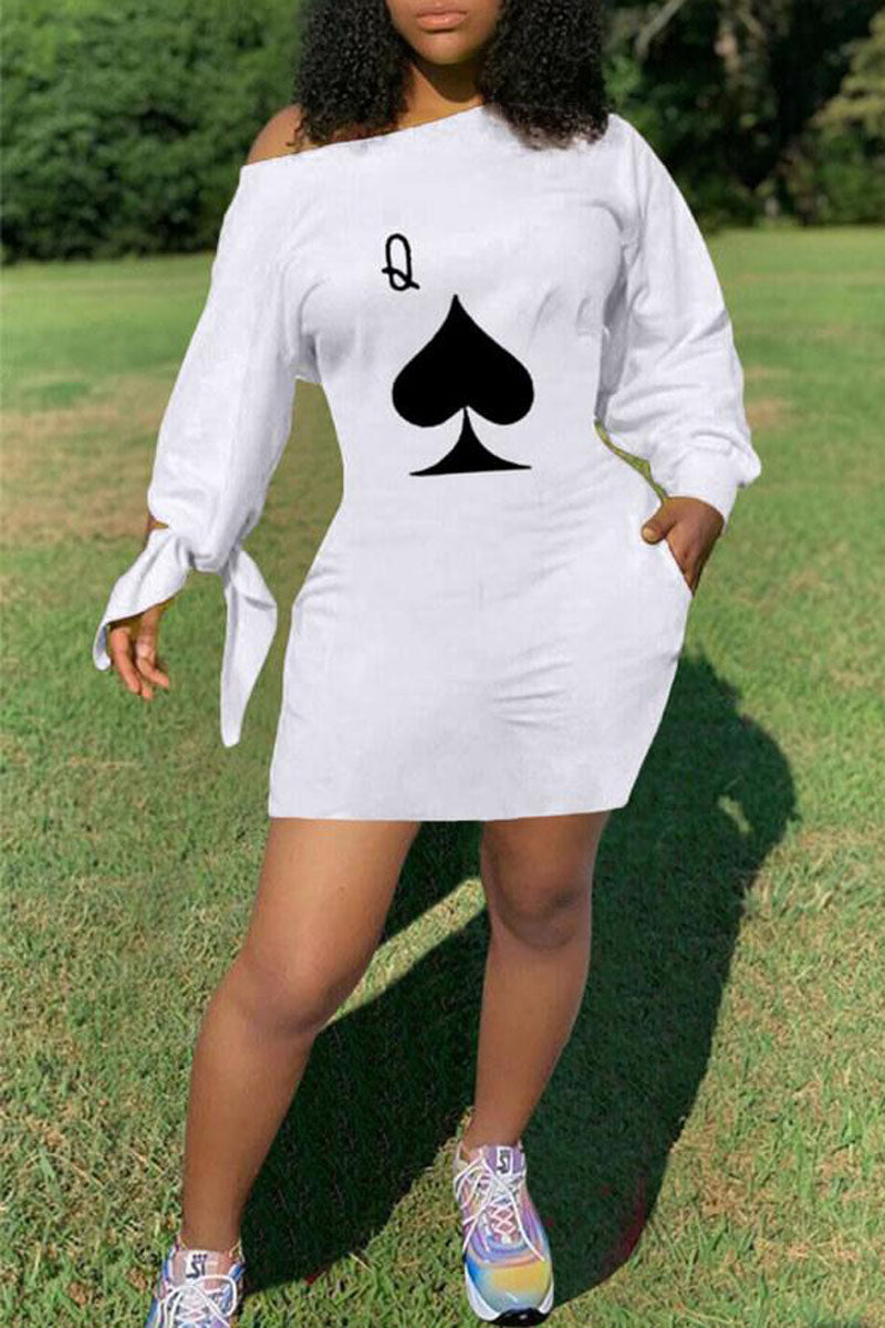 [Pre-Sale] Plus Size Casual Poker Queen Print Oblique Collar Mini Dresses