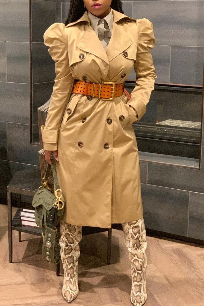 Plus Size Casual Puff Long Sleeve Double Breasted Classic Trench Coat Outwear