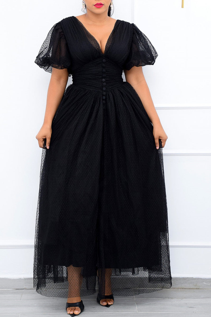 Plus Size Elegant Lace Sheer Polka Dot A-line Puff Sleeve Retro Maxi Dress - Fashionaviv