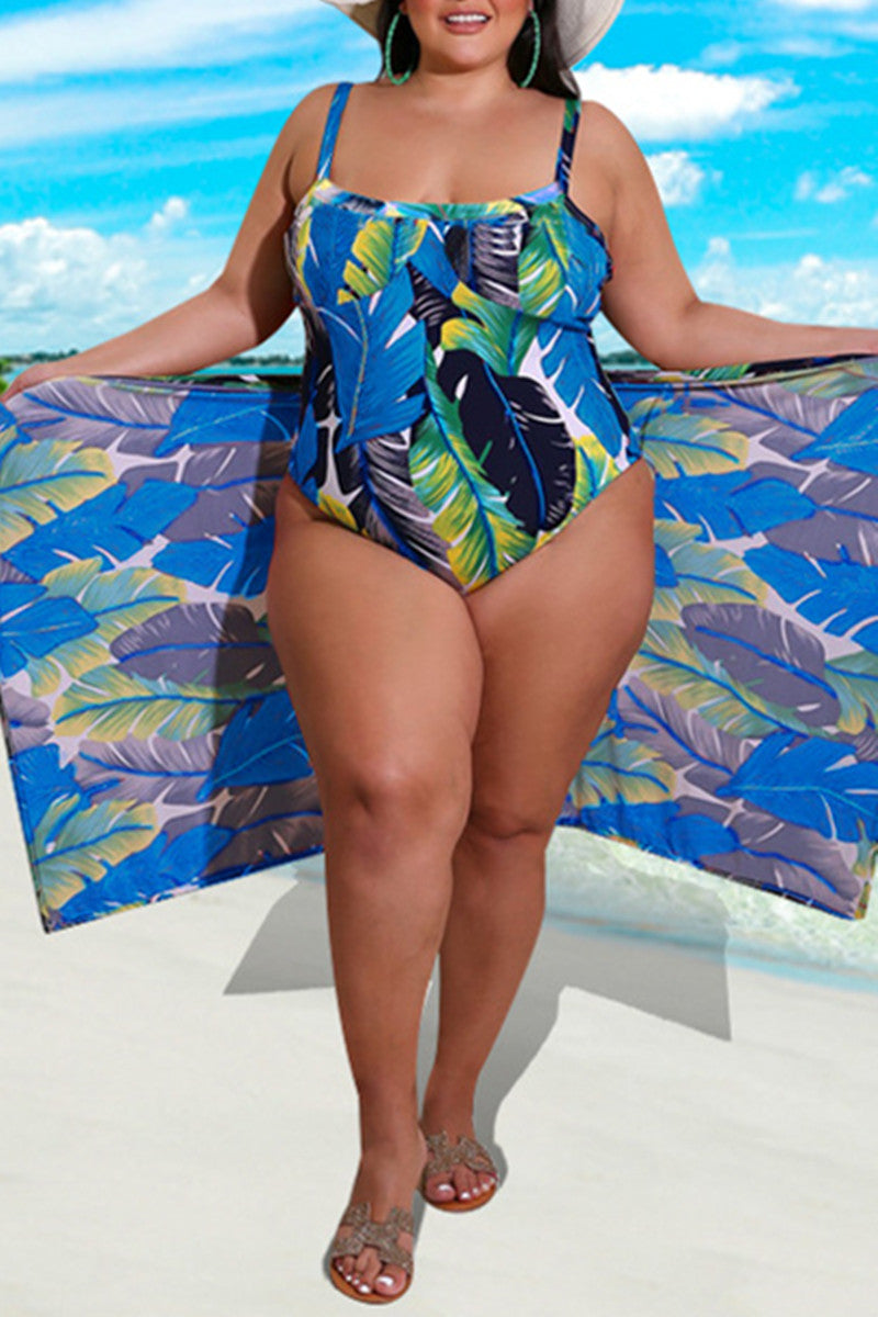 Plus Size Tropical Print Swimwear Suit