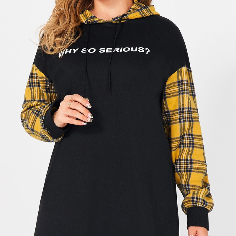 Dresses Woman Summer 2021 Plus Size Black Long Sleeve Casual Plaid Stitching Letter Print Sport College Style Midi Hooded Dress