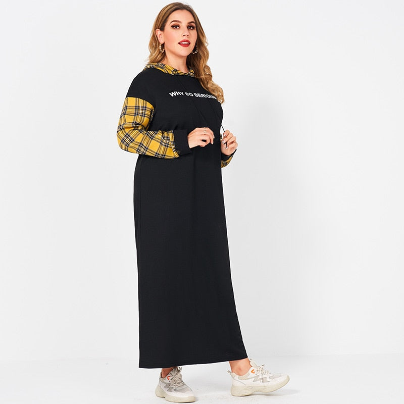 Dresses Woman Summer 2021 Plus Size Black Long Sleeve Casual Plaid Stitching Letter Print Sport College Style Midi Hooded Dress
