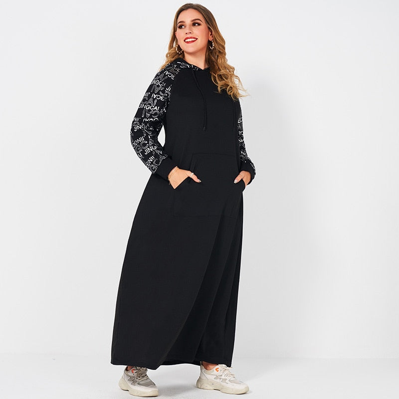 Dresses Woman Summer 2021 Plus Size Casual Silver Letter Print Long Sleeve Stitching Hooded Drawstring Loose Sport Black Dress