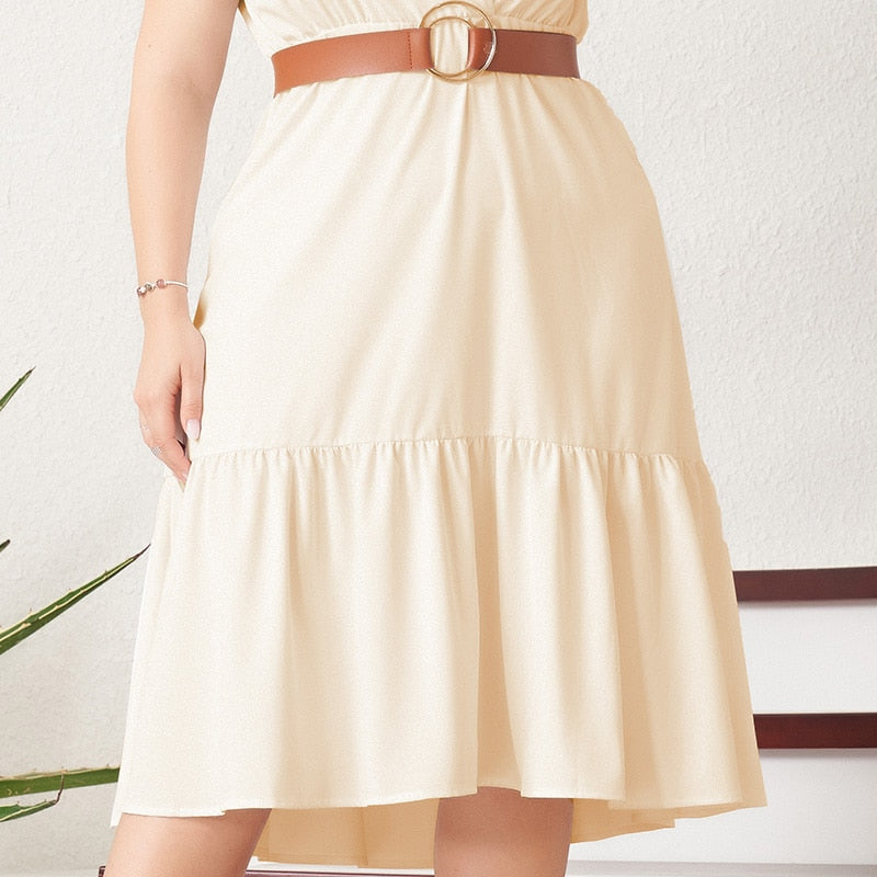 Dresses Woman Summer 2021 Plus Size Cream Apricot French Commuter Style V-neck Short Sleeve Belt Sashes Ruffle Hem Midi Dress