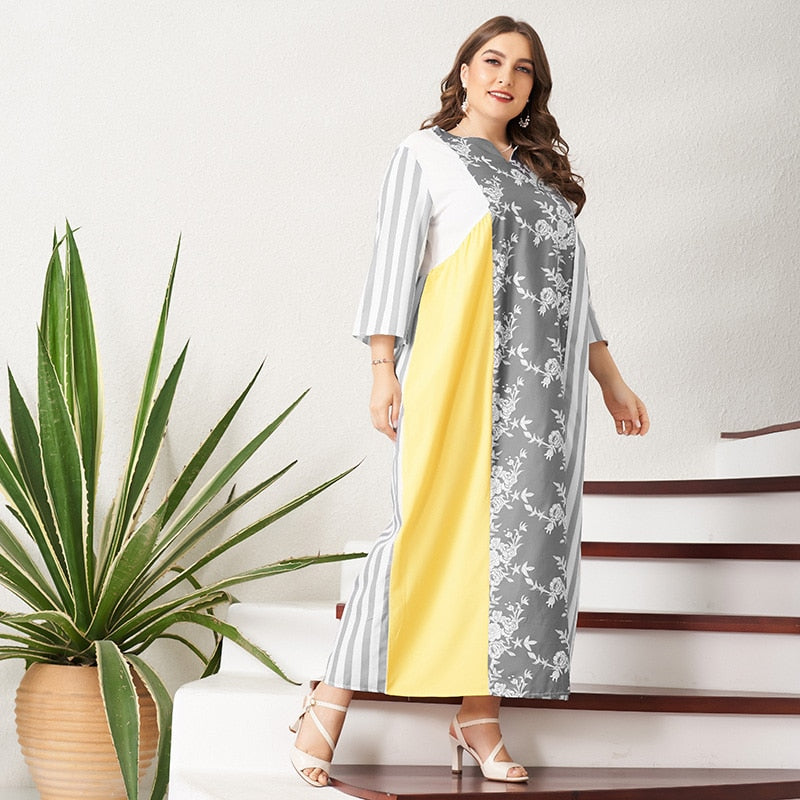 Dresses Woman Summer 2021 Plus Size Gray Floral Print Striped Stitching Loose Casual Holiday V-neck 3/4 Sleeve Long Maxi Dress